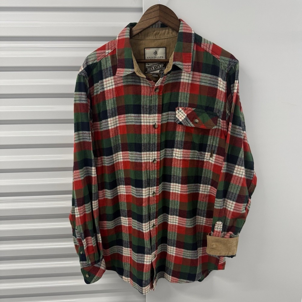 Legendary Whitetails Buck Camp Flannel Shirt LT Plaid Red Green Corduroy Collar